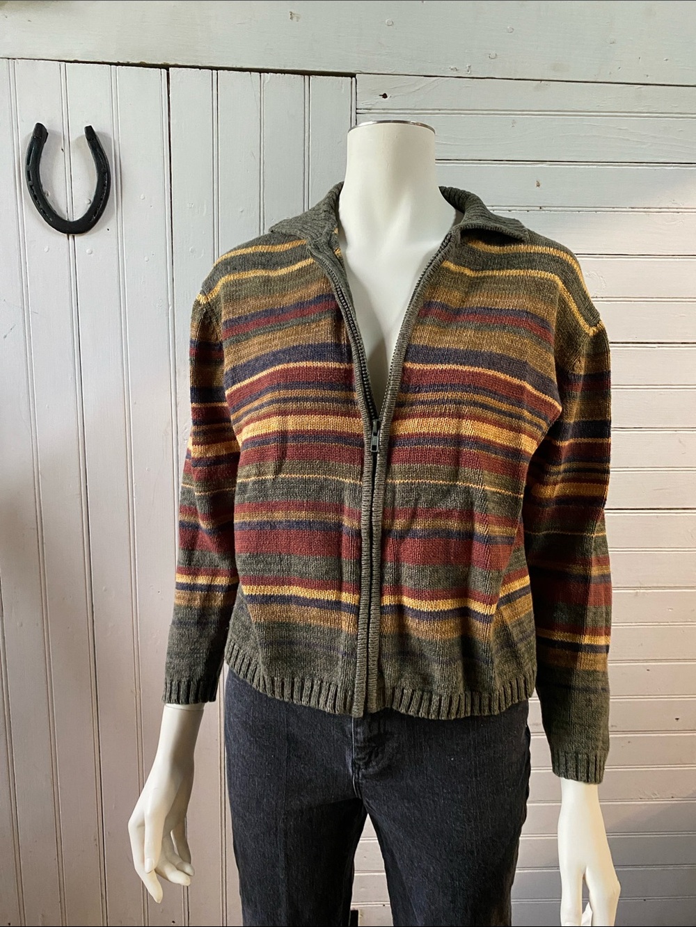 Zip-Front Striped Women's Cardigan Sweater - Olive Multi